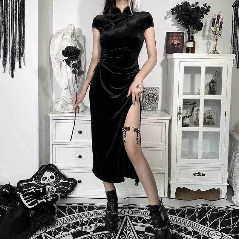 Women's Kawaii Side Slit Black Velet Cheongsam Dress