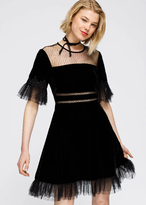 Women's Mesh Contrast Velvet Dress In Black