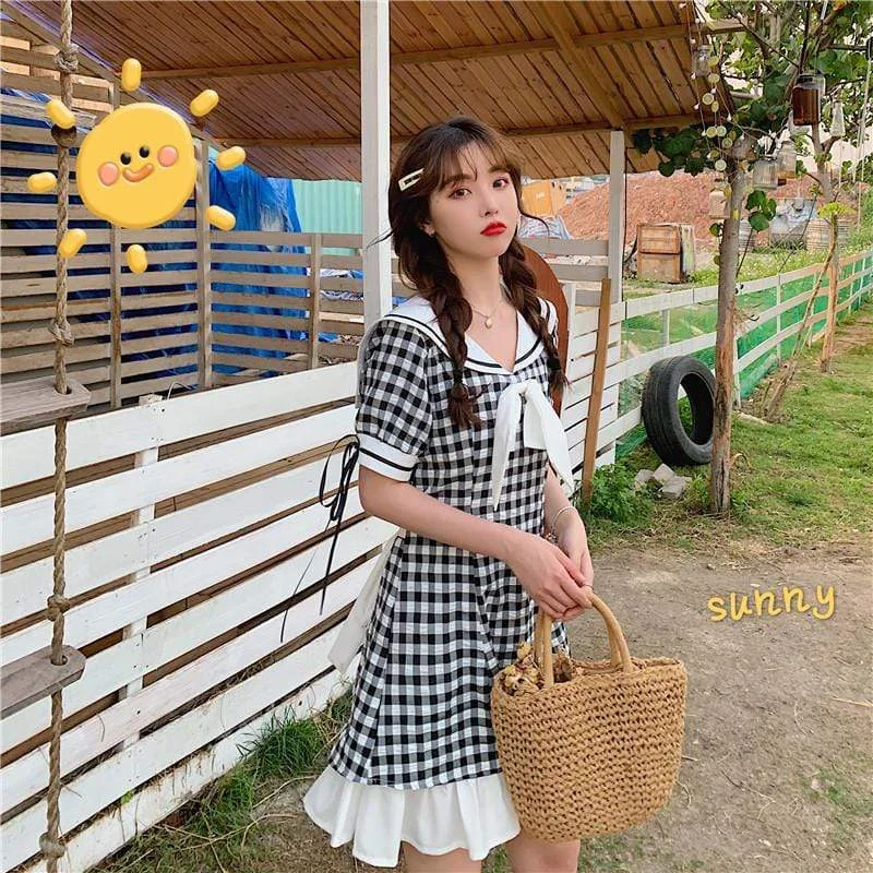 Women's Navy Collar Plaid Dress