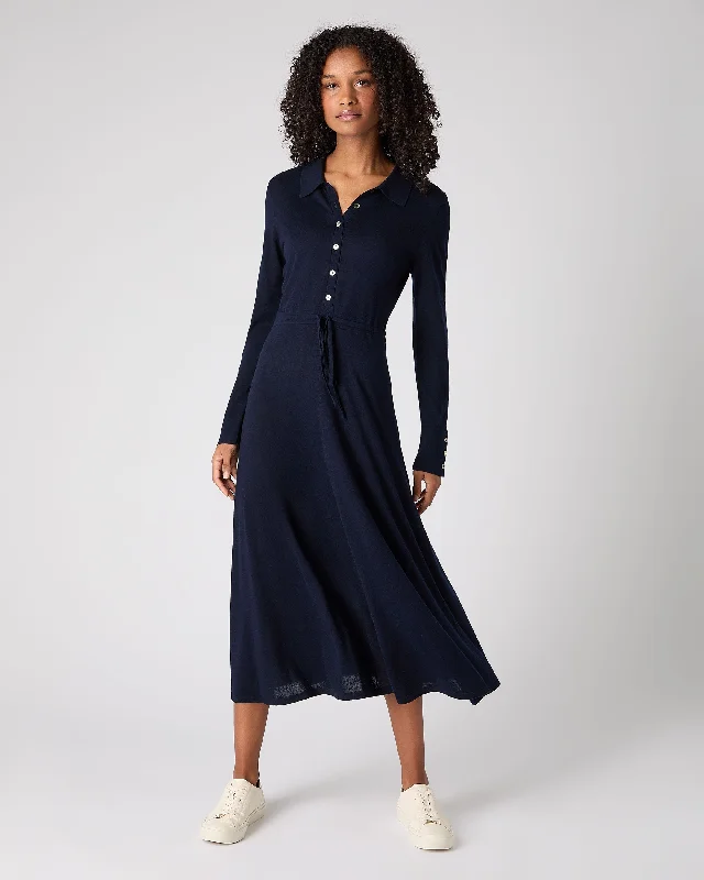 Women's Polo Collar Silk Cashmere Dress Navy Blue