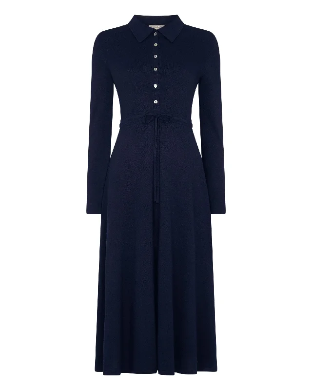 Women's Polo Collar Silk Cashmere Dress Navy Blue