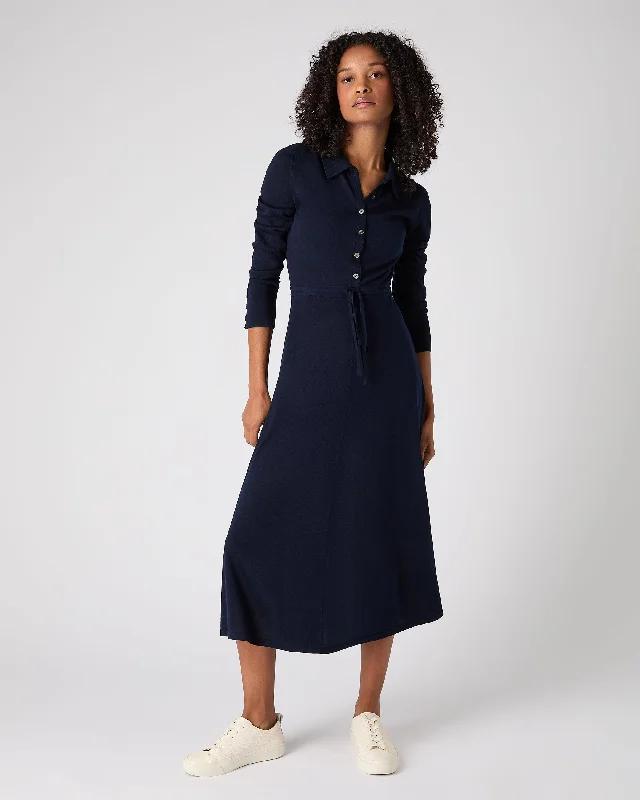 Women's Polo Collar Silk Cashmere Dress Navy Blue