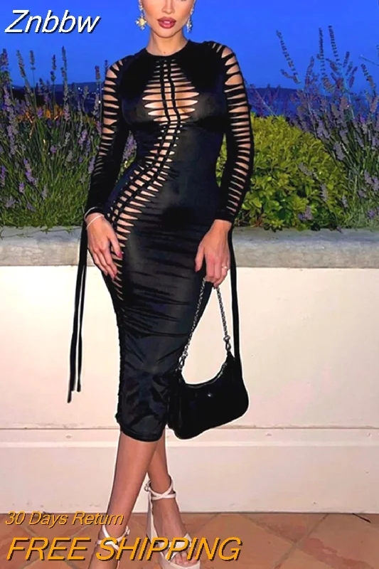 Znbbw Style Elegant Evening Dress Women Bandage Lace Up Hollow Out Solid Bodycon Sheath Long Sleeve Midi Dresses Sexy Prom Robe