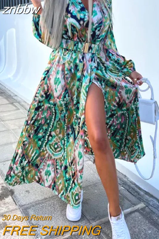 znbbw Summer Holiday Boho Style V-Neck Dress Ladies Long Sleeve Beach Party Dresses 2023 New Fashion Chic Print Dress For Women