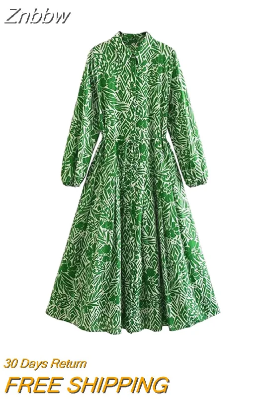 Znbbw TRAF Summer Fashion Green Printed Women Casual Shirt Robe Dress With Belt Wrist Sleeve High Waist Female Midi Dress