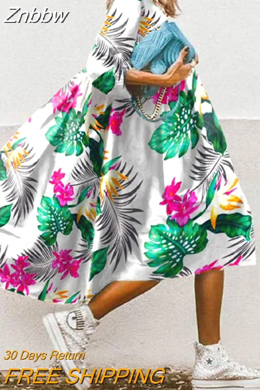 Znbbw Women Floral Print Dress 2023 Summer Casual O Neck Half Sleeve Boho Long Dresses Female Elegant Loose Beach Party Dress Vestidos