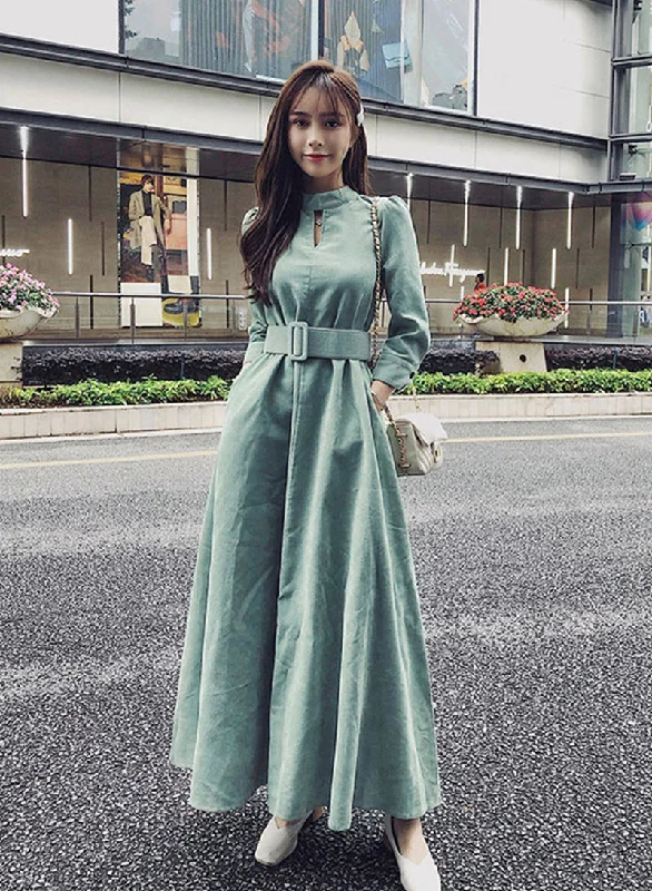 Green A line autumn dress  1067