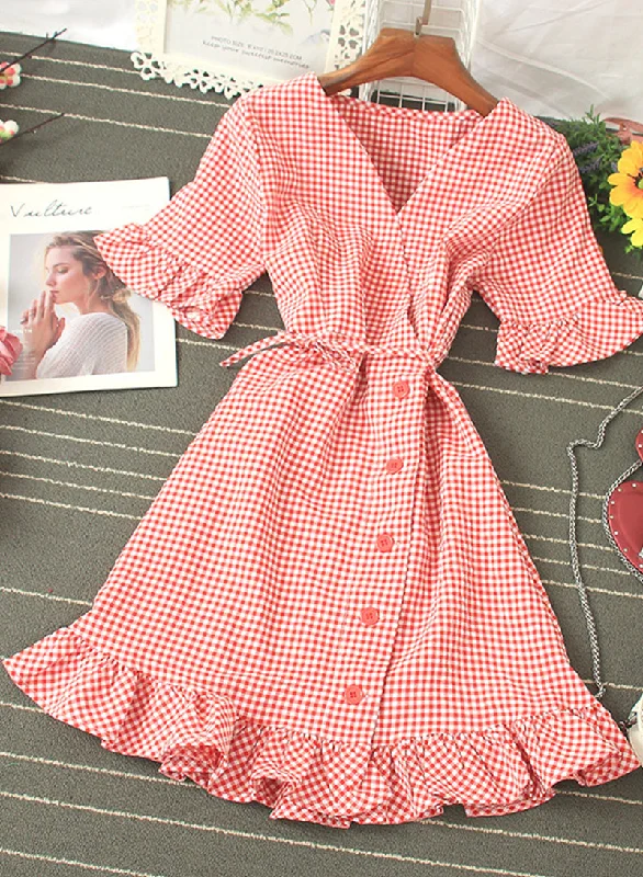 Retro v neck plaid dress women's dress  1202