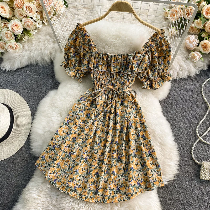 Slim waist with square neck bubble sleeve Floral Dress  3317