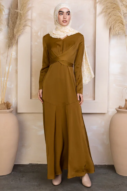 Spiced Criss Cross Satin Long Sleeve Maxi Dress