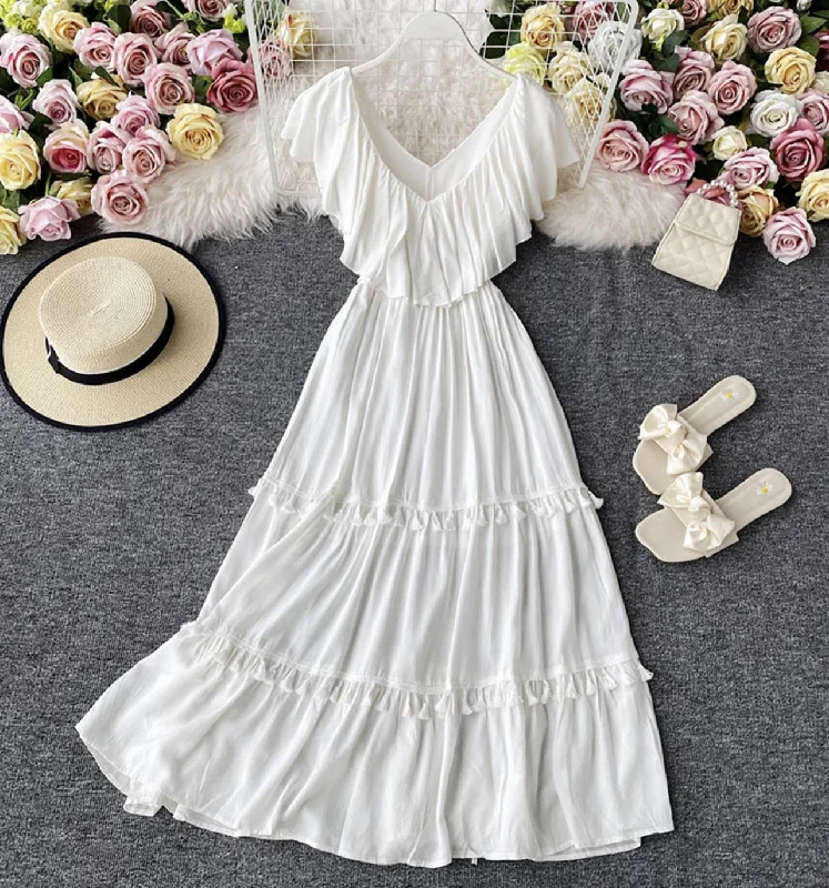 White v neck fringed dress A line fashion dress  743